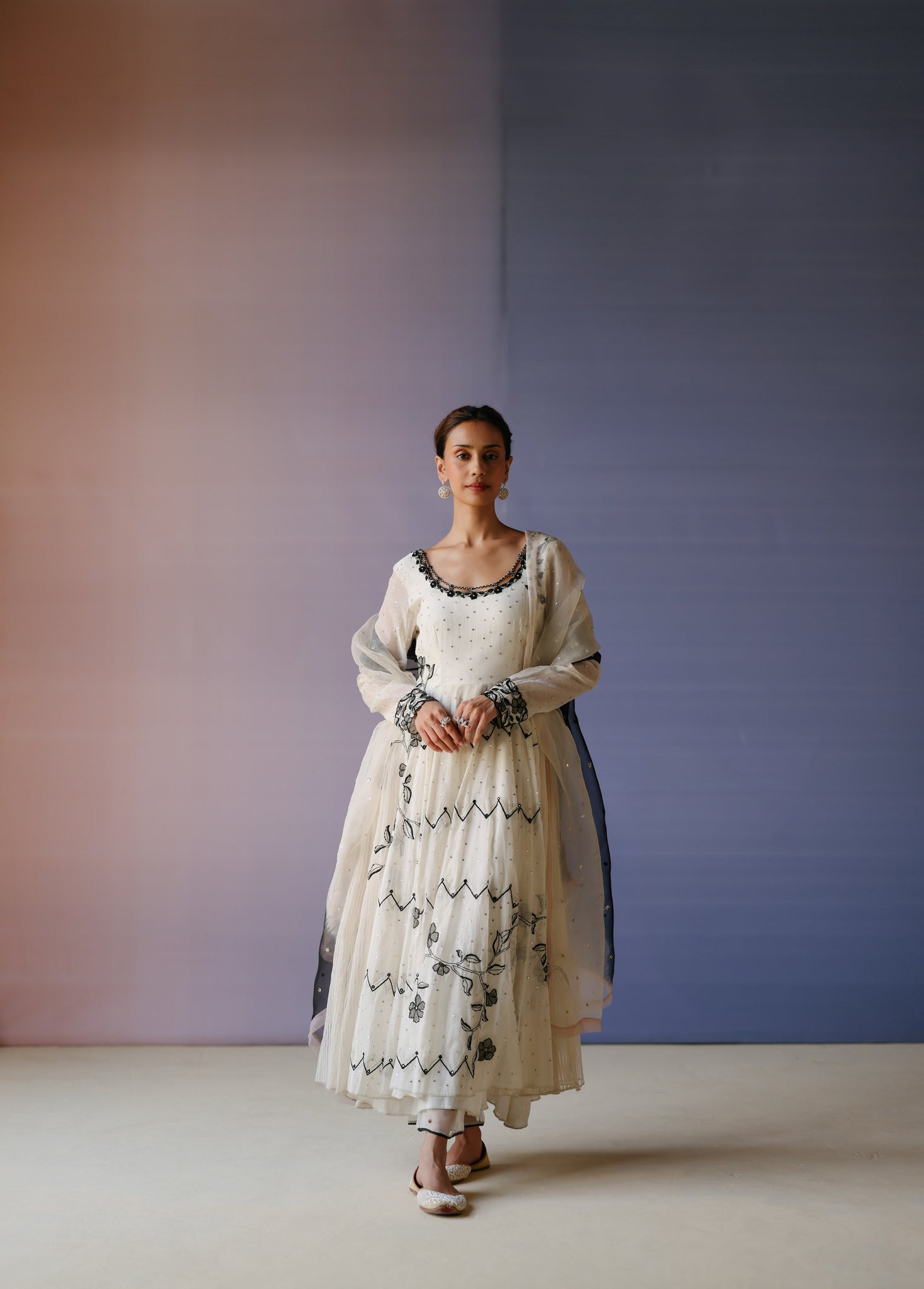 Ivory Round-neck Anarkali Set.