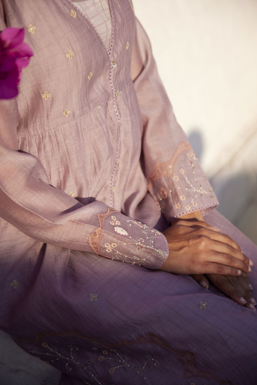 Lilac chanderi overlay dress set.