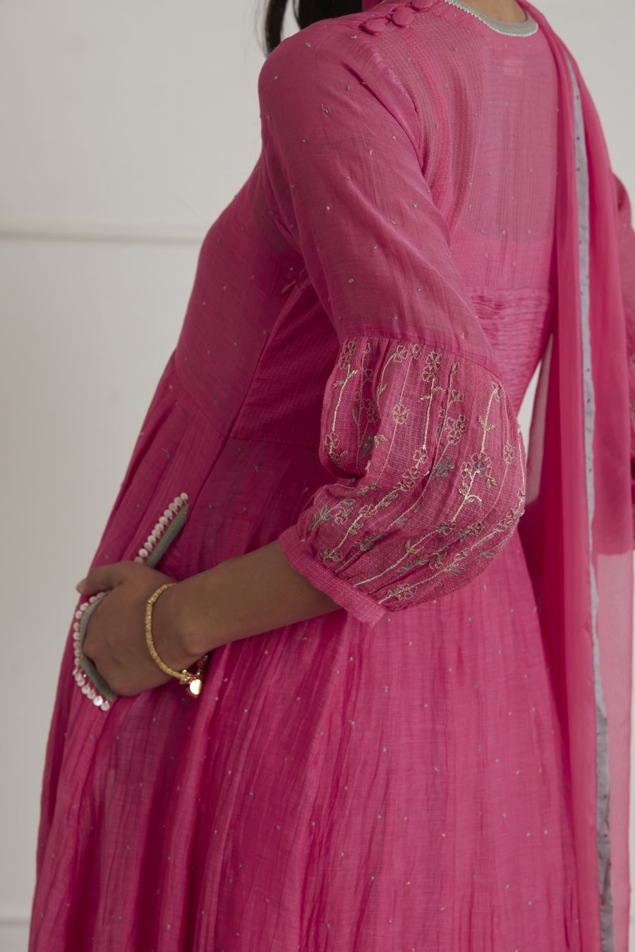Fuschia Pink Puff Sleeves Anarkali Set
