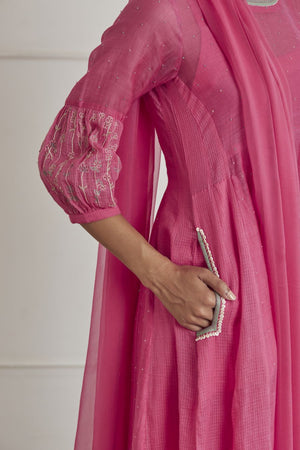 Fuschia Pink Puff Sleeves Anarkali Set
