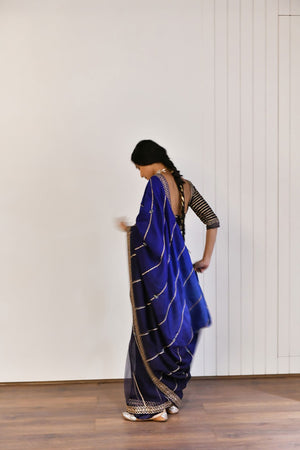 Midnight blue shaded silk and organza saree set