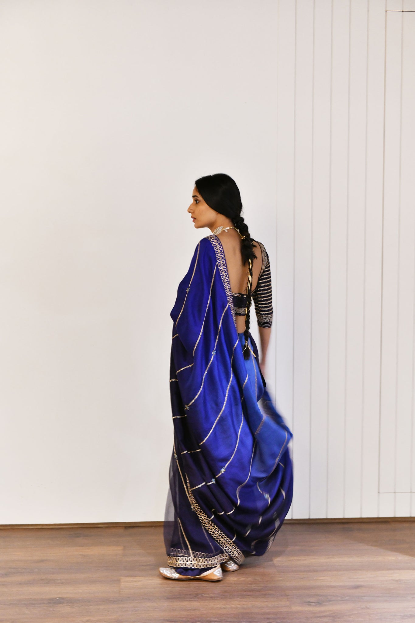 Midnight blue shaded silk and organza saree set