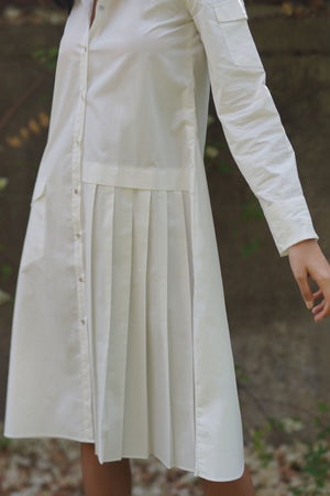 White Poplin Pleated Shirt Dress