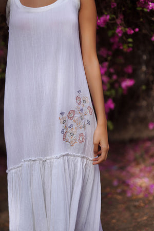 White Cotton Crush Gathered Dress With Patchwork.