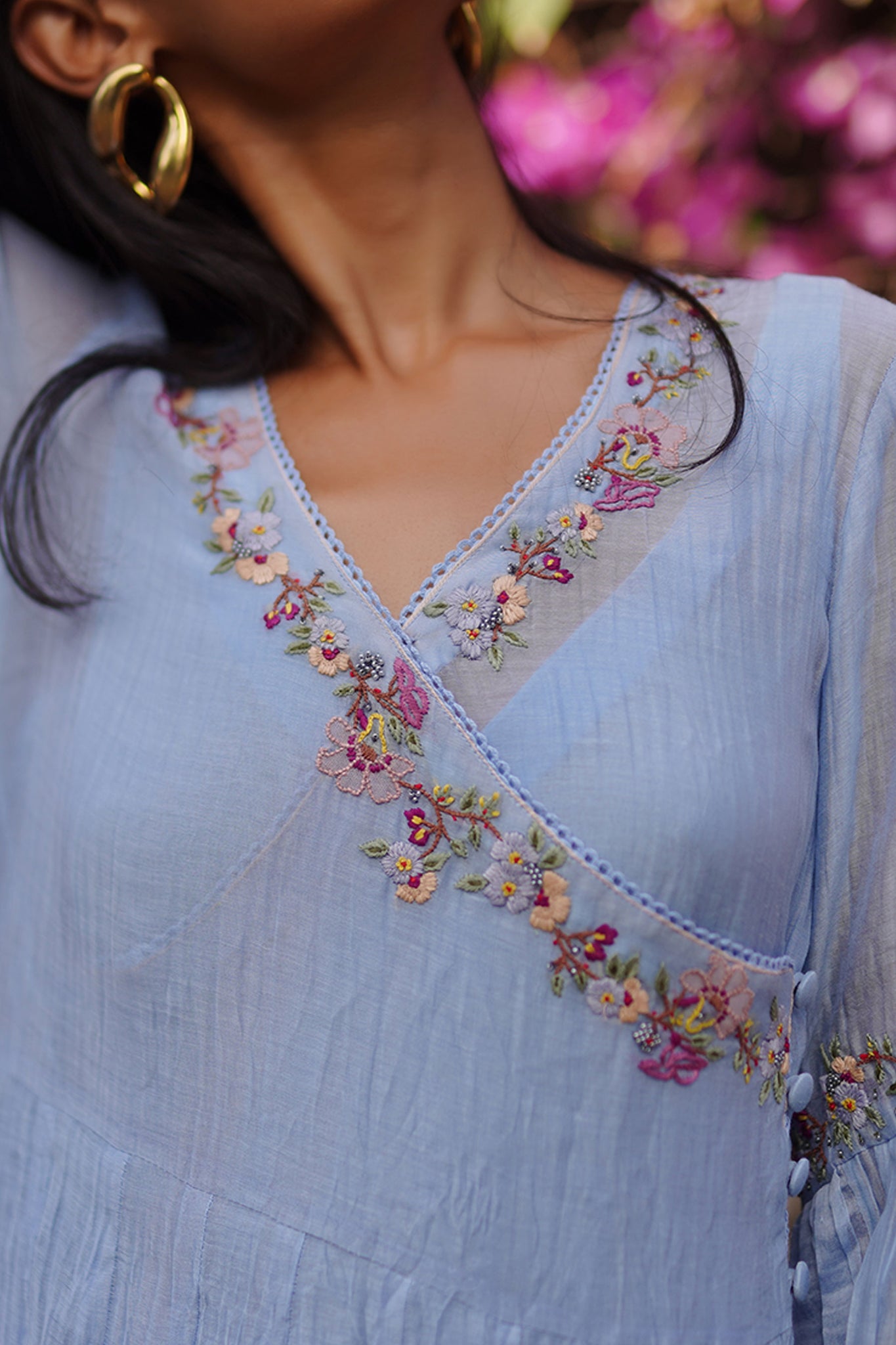 Periwinkle Blue Embroidered Chanderi Angarkha Dress With Puff Sleeves.