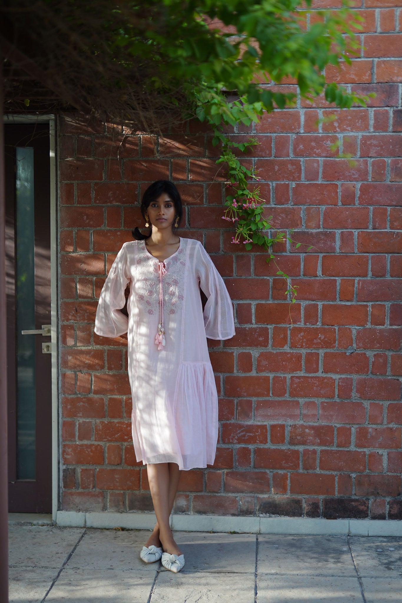 Light Pink Chanderi Kota Gathered Dress With Resham & Patchwork Detailing.