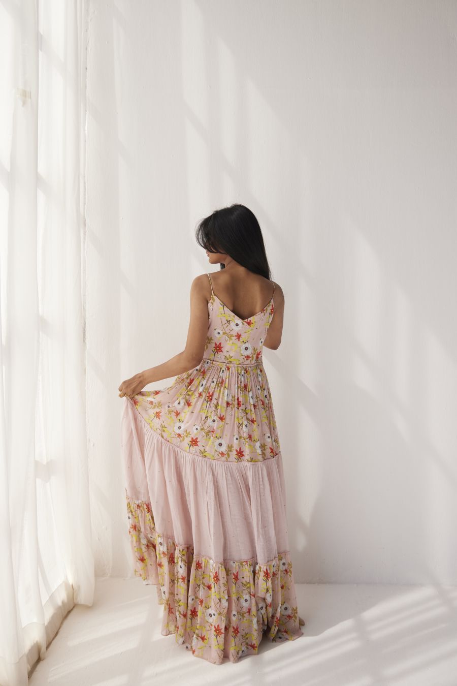 Lotus Pink cotton mul spaghetti tiered dress