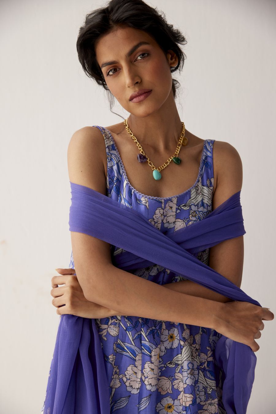 Very Peri sleeveless anarkali paired with straight pants and chiffon dupatta