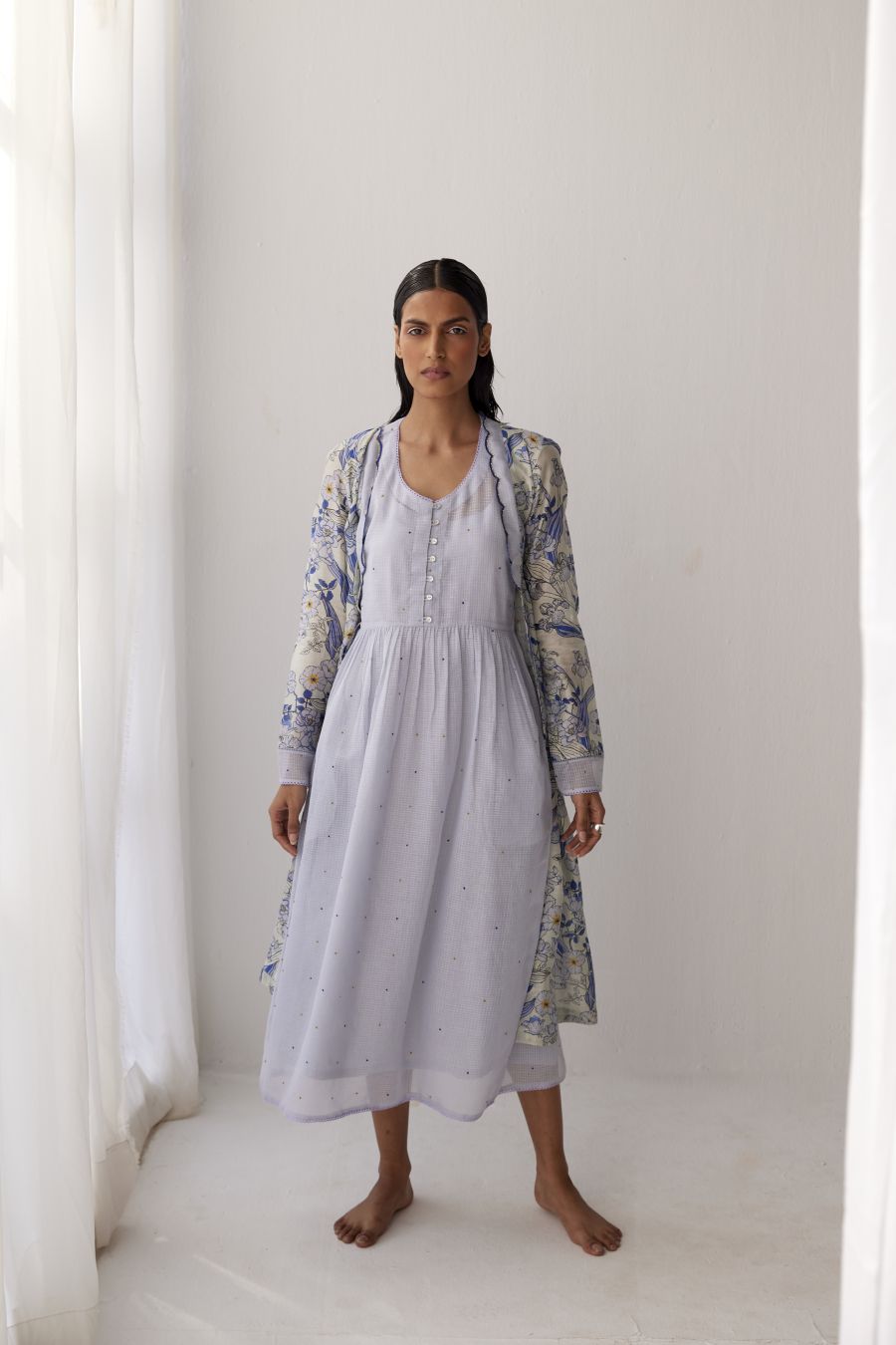 White & veri peri Overlay in Chanderi paired with kota sleeveless dress