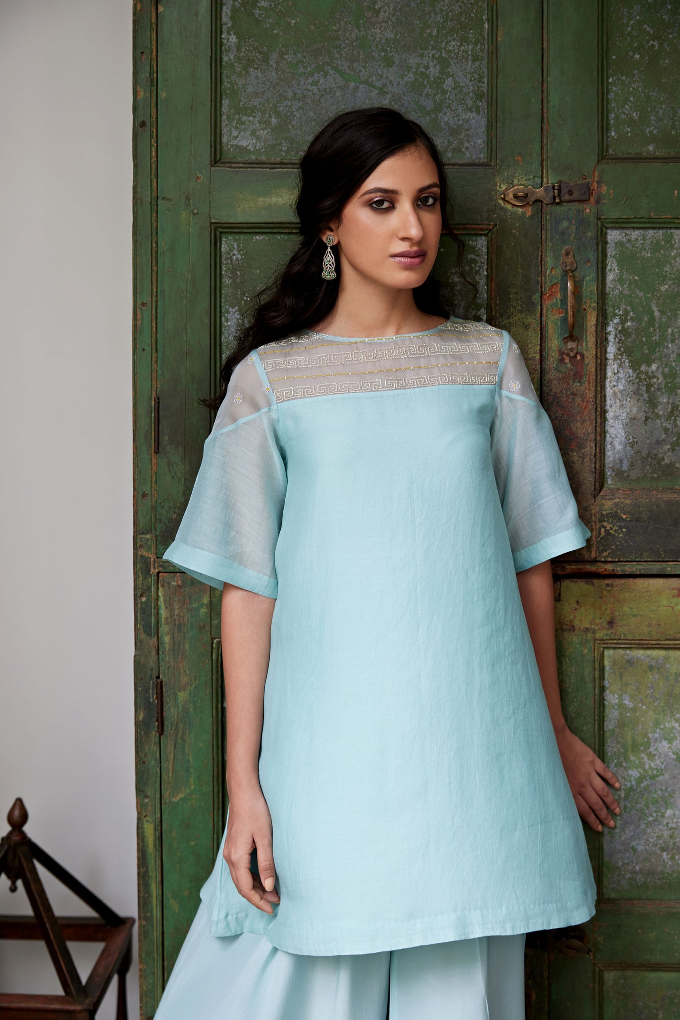 Powder Blue Hand Embroidered Straight Suit Set