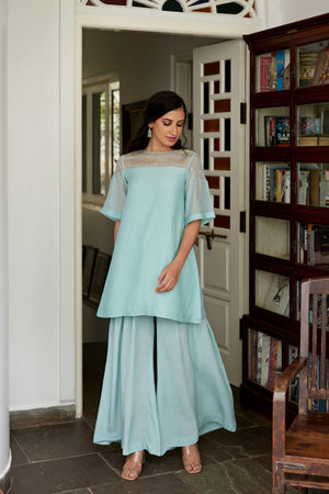 Powder Blue Hand Embroidered Straight Suit Set