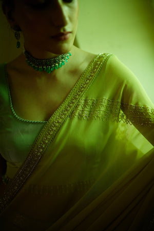Lime green georgette Sharara Saree Set
