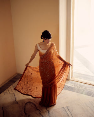 Rust Saree & Ombre Silk Blouse Set